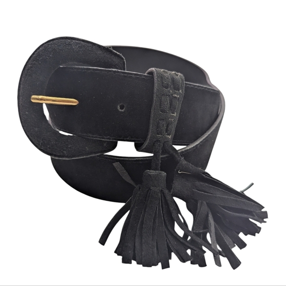 Vintage Express Black Suede Leather Belt Gold Buckle Tassel Boho L - Picture 1 of 6